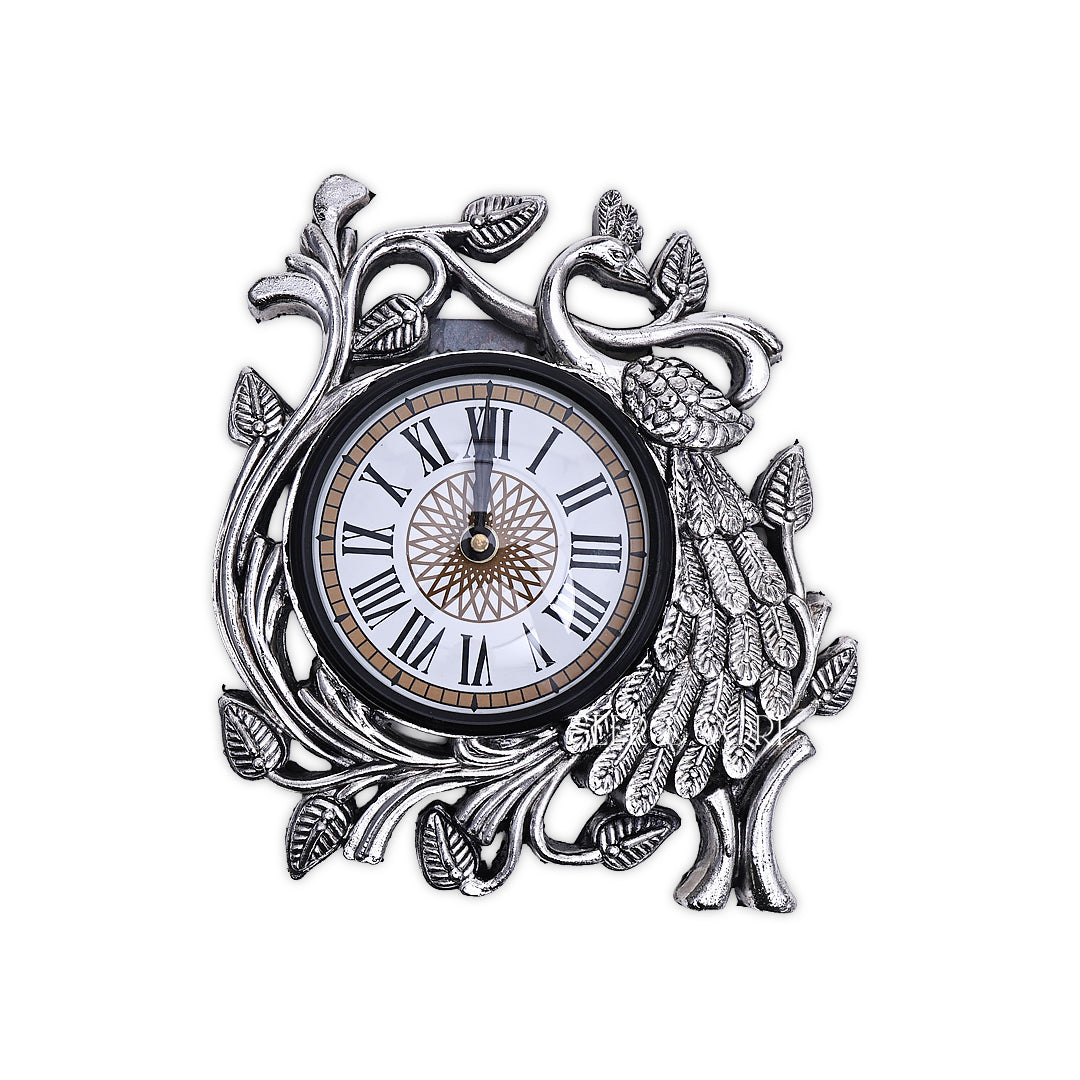 Silver Peacock Elegance Wall Clock