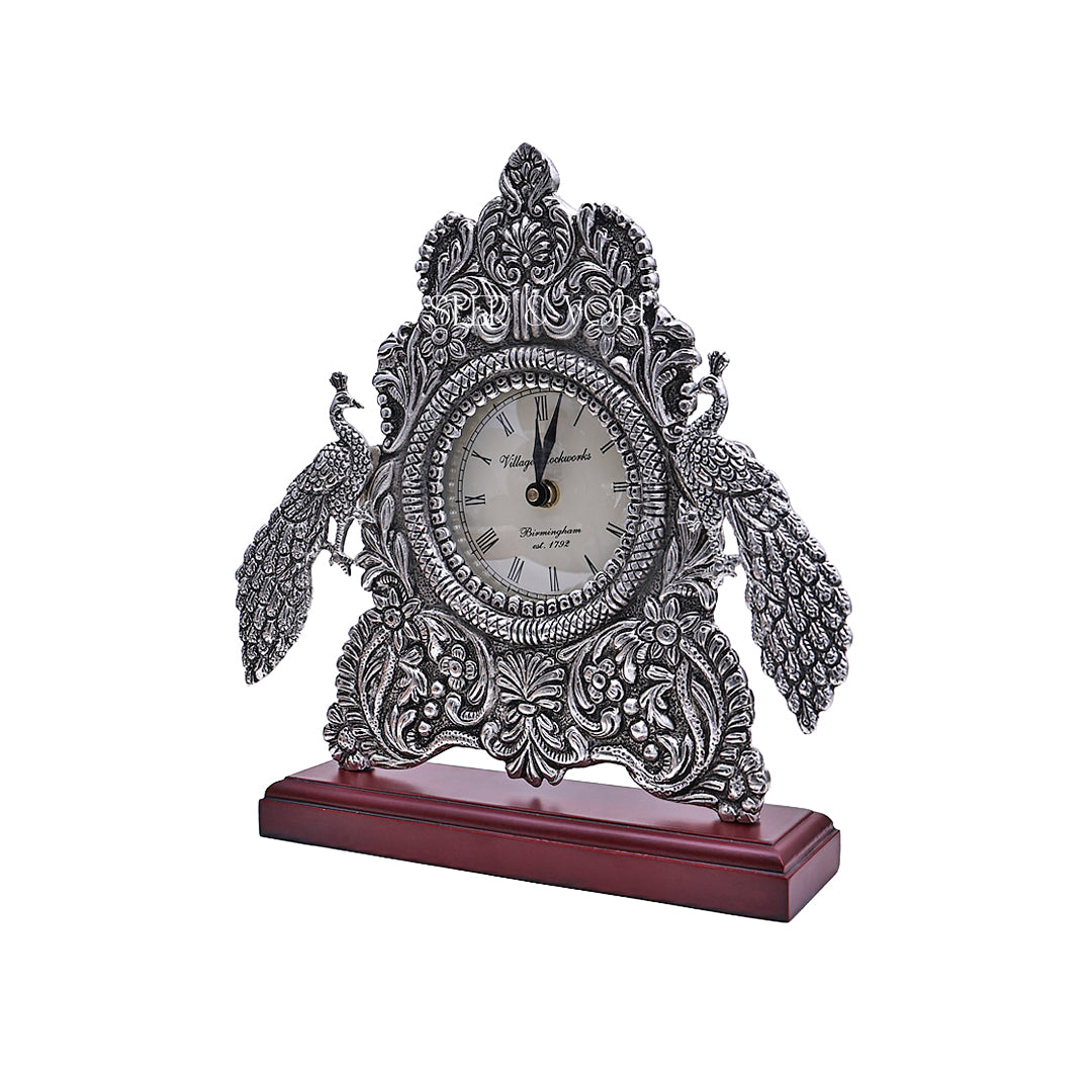 Silver Peacock Grandeur Clock