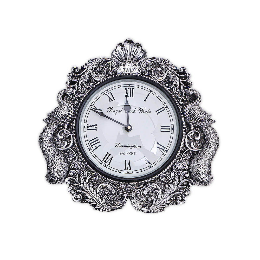 Silver Peacock Heritage Wall Clock
