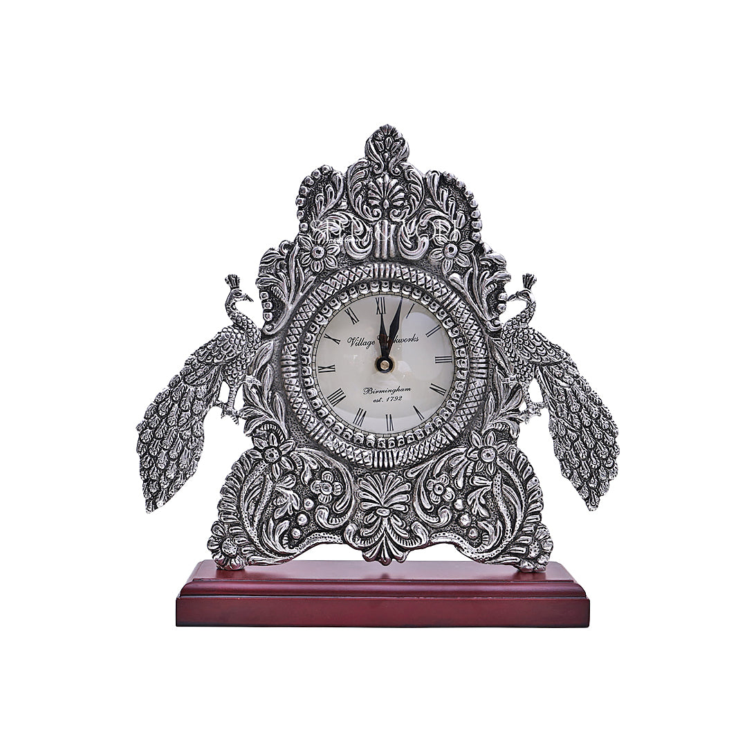 Silver Peacock Grandeur Clock