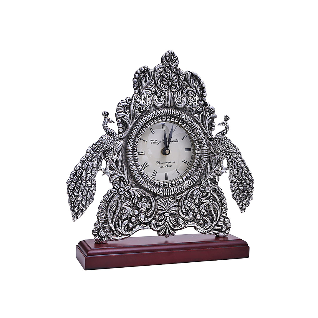 Silver Peacock Grandeur Clock