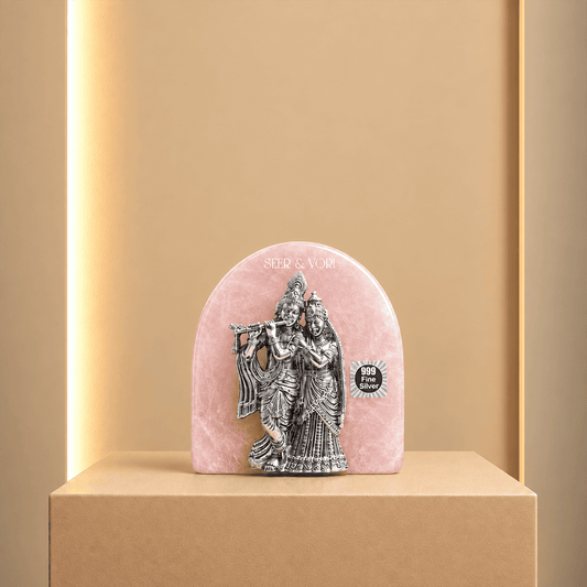 Silver Radha-Krishna Rose Quartz Idol